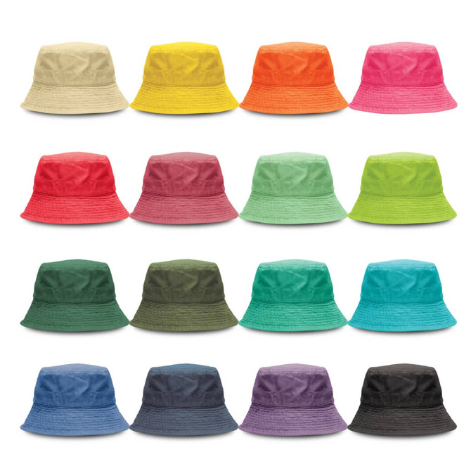 A collection of Bondi Washed Bucket Hats in various colours, including yellow, orange, pink, green, and blue.