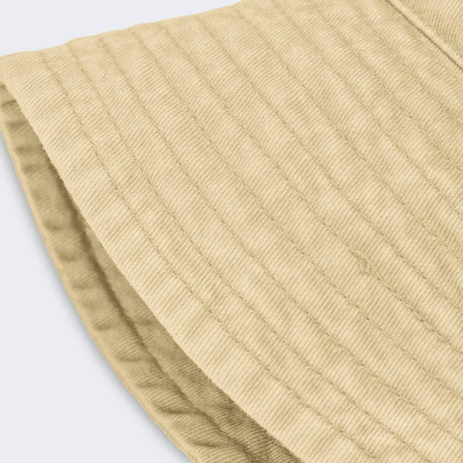 A beige bucket hat with a textured fabric and a wide brim, featuring a logo on the side.