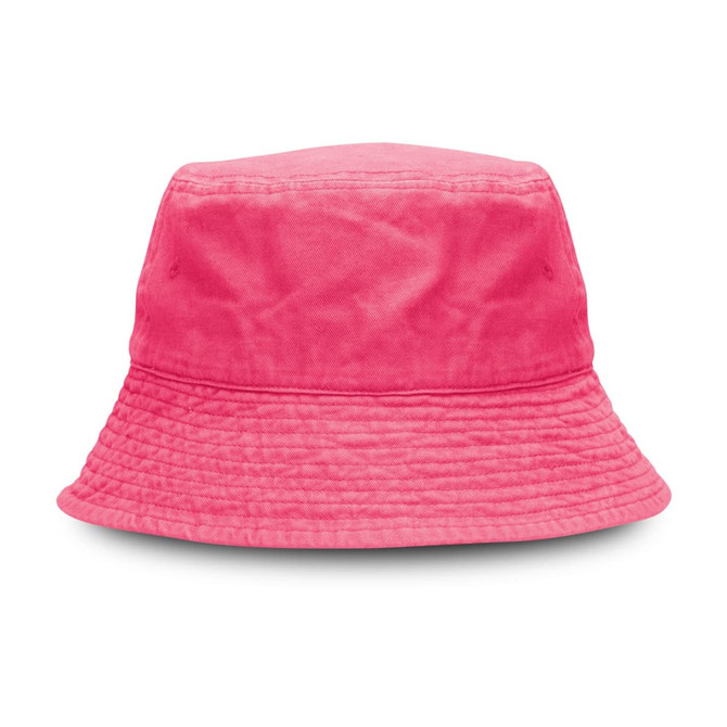 A pink bucket hat featuring a textured design and a logo on the side.