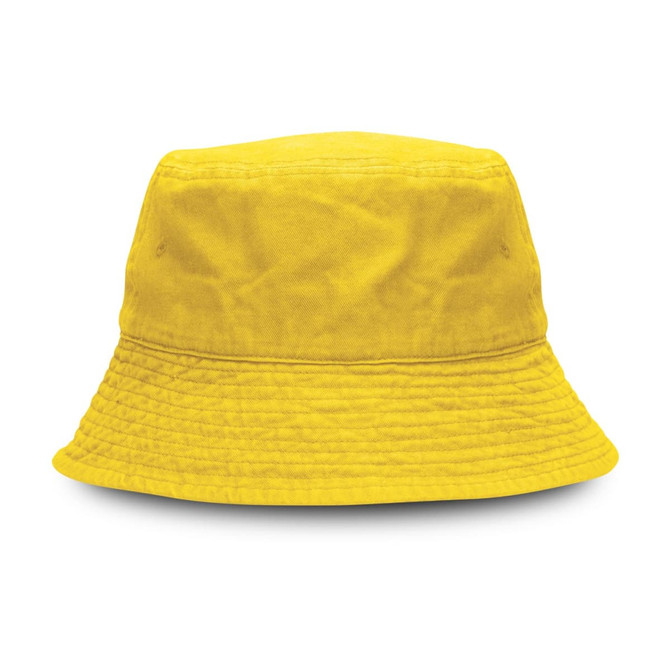 A yellow bucket hat with a wide brim and textured fabric, featuring a branding logo.