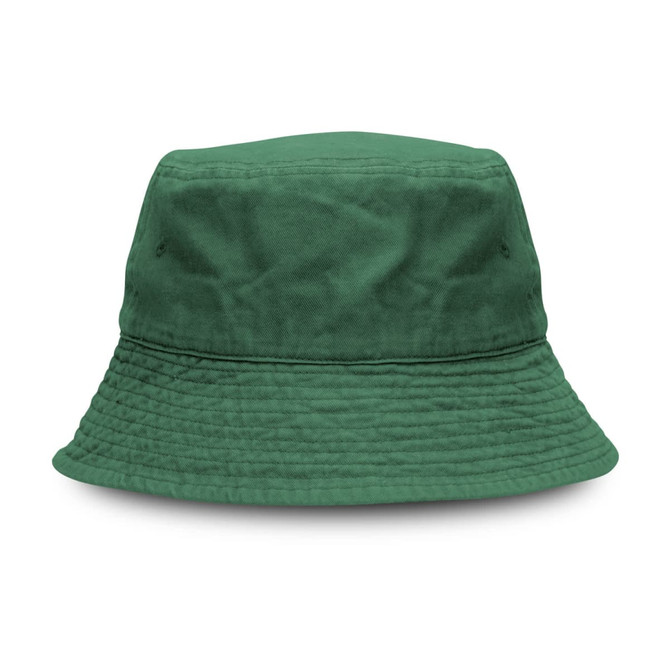 A green bucket hat with a textured finish and a circular brim. Features a logo on the side.
