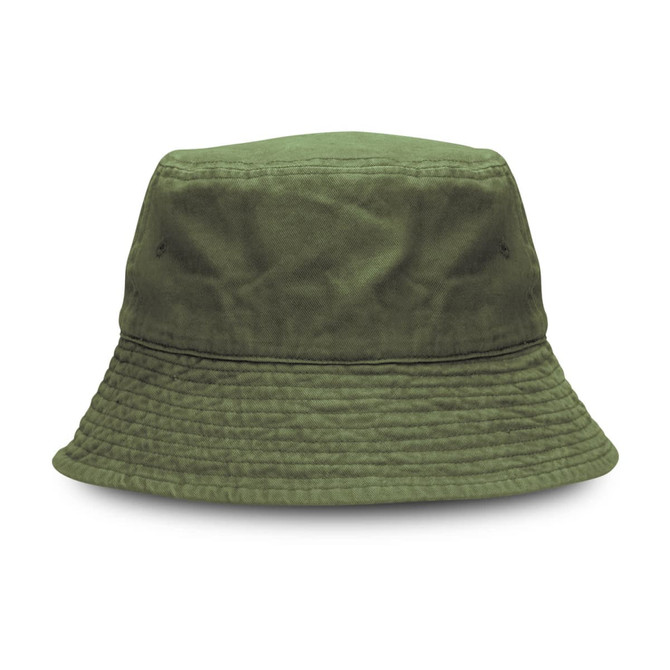 A green Bondi Washed Bucket Hat with a textured fabric and a wide brim, featuring a logo on the side.