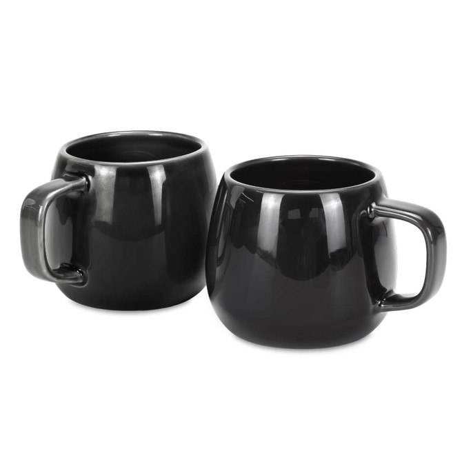 A set of two glossy black coffee mugs with rounded shapes and convenient handles.