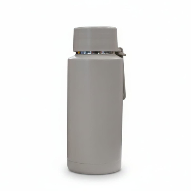 A drink bottle in light grey with a screw-top lid and a silver interior, featuring a logo.