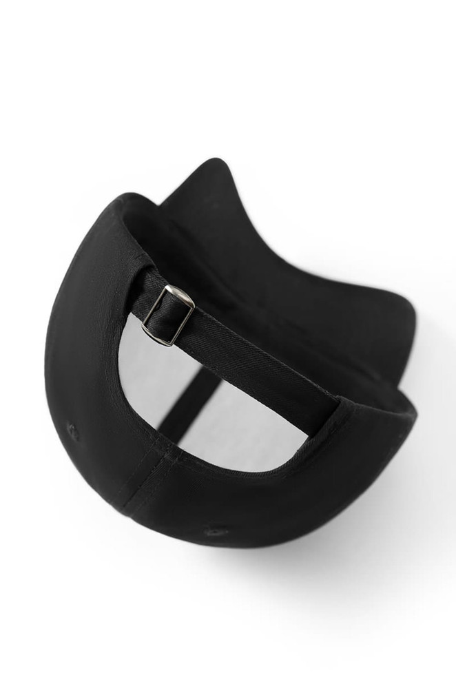 A black, six-panel cap featuring a adjustable strap and a logo. The cap has a rounded crown and a curved brim.