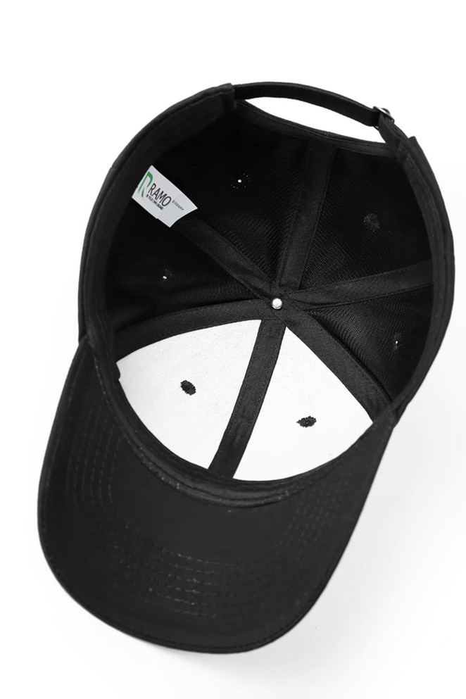 A black 6-panel cap featuring a curved peak and an internal label, with ventilation eyelets.