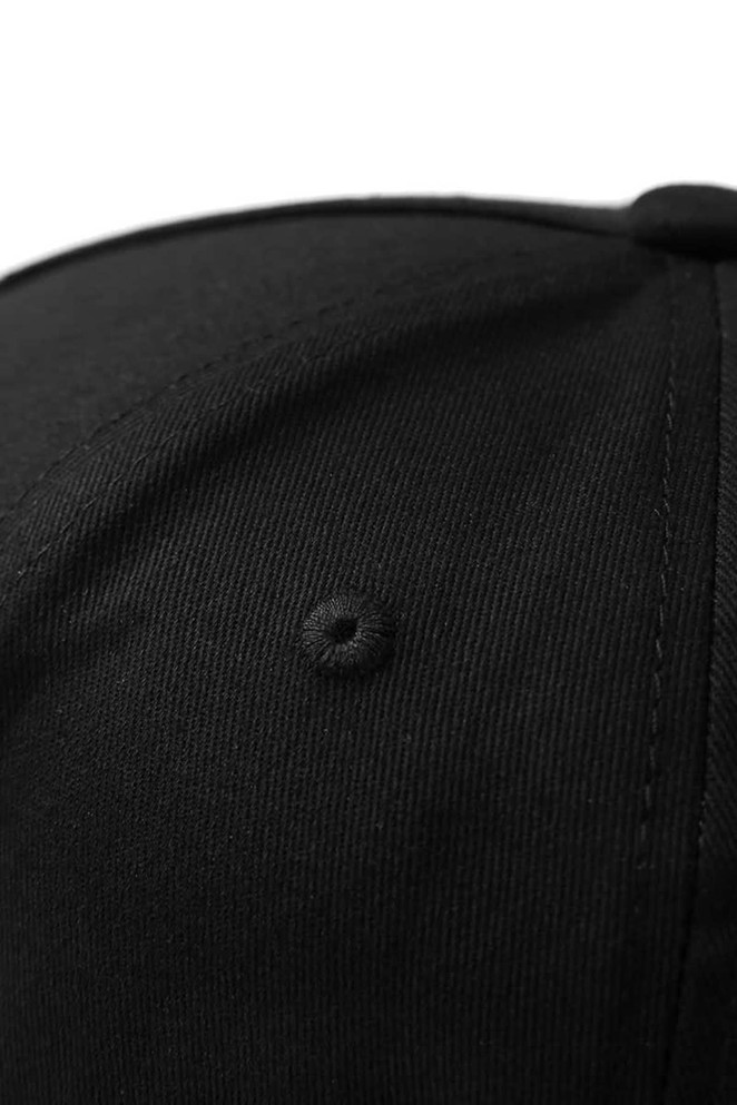 A black 5 panel cap made from 280gsm 100% cotton drill, featuring a logo and a top button detail.