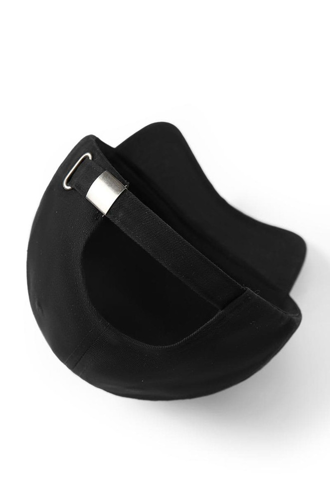 A black 5 panel cap made from 280gsm 100% cotton drill, featuring an adjustable strap and a logo.