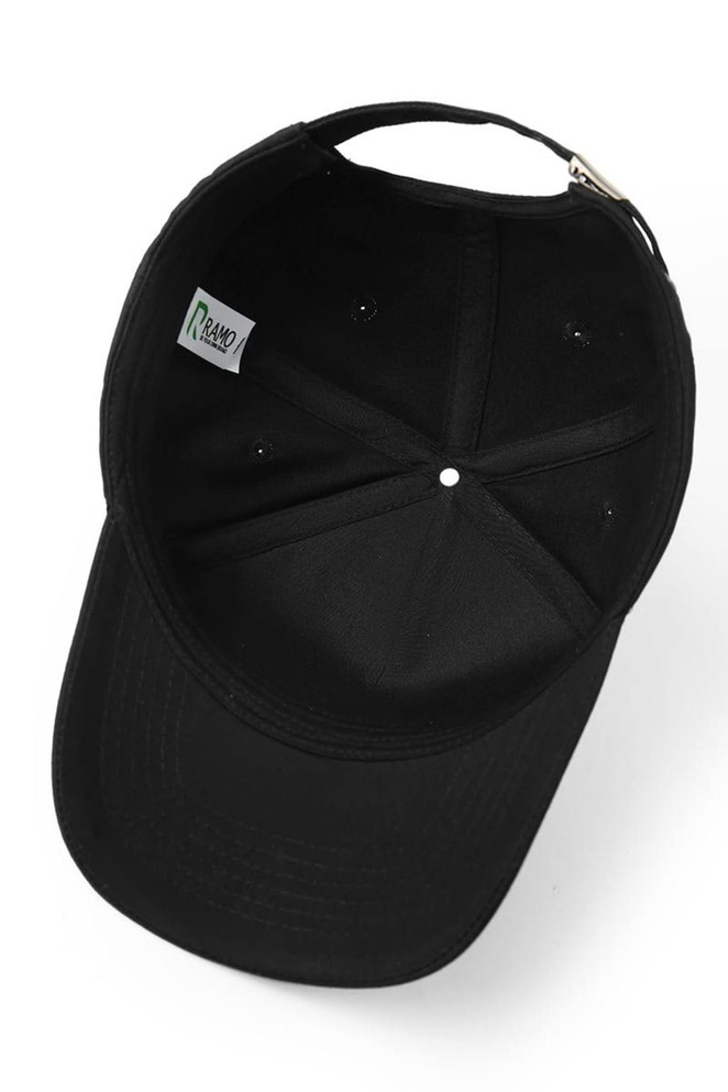 A black 5-panel cap made of 280gsm 100% cotton drill, featuring a logo inside.