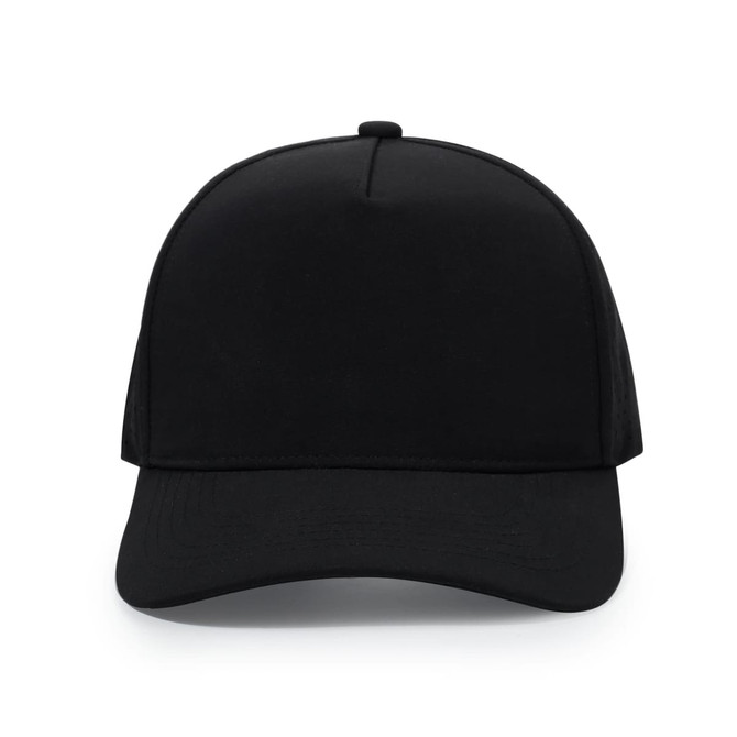A black 5 panel sports mesh cap featuring a structured design and a curved brim, with a branding logo.