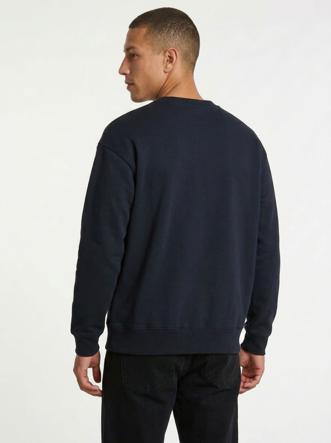 A navy men's/unisex V-neck fleece featuring a classic design and a plain back view, with a logo present.