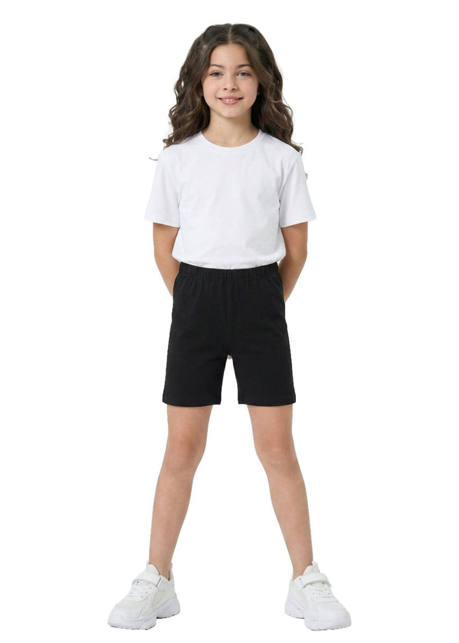 Black cotton spandex shorts for girls, featuring an elastic waistband and paired with a white t-shirt.