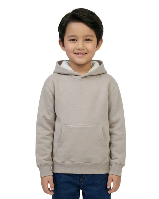 A light grey hoodie featuring a kangaroo pocket and a hood, worn by a smiling child.