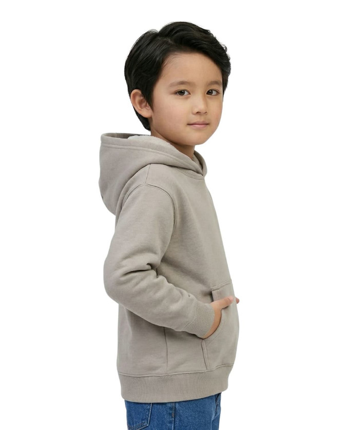 A grey juniors' hoodie with a kangaroo pocket and a hood, featuring a logo on the front.