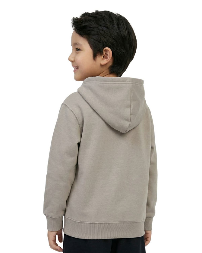 A child in a grey hoodie with a kangaroo pocket and a hood, facing away from the camera.