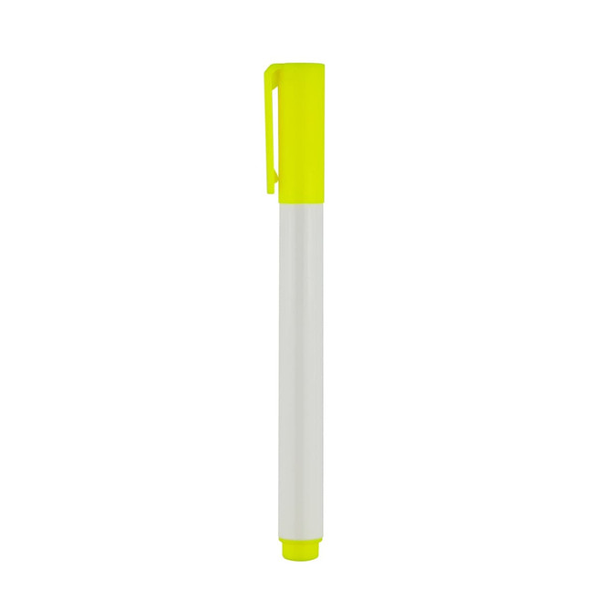A whiteboard marker featuring a white body and bright yellow cap and end. It has branding on the barrel.