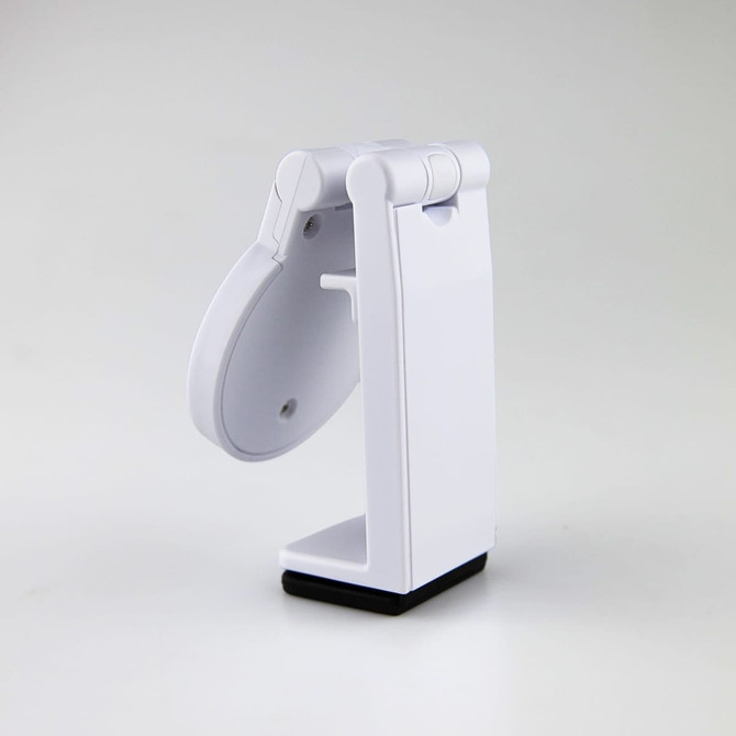 A white mobile phone stand with a foldable design and a black base. It features a simple, modern look.