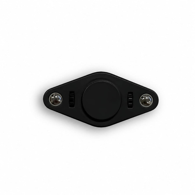 A black fidget spinner featuring a central disc and two spherical ends, with a sleek design and a logo.
