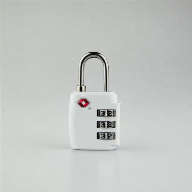 A white portable TSA luggage lock with a silver shackle and a combination dial. It features a small logo on the body.