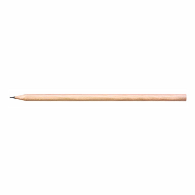 A wooden graphite pencil with a round barrel and sharpened tip, featuring a simple design and a subtle logo.
