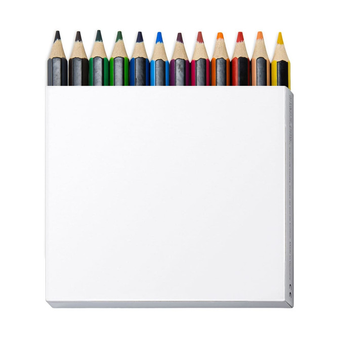 A set of 12 colouring pencils in various colours, arranged above a blank white packaging. The set features a logo.