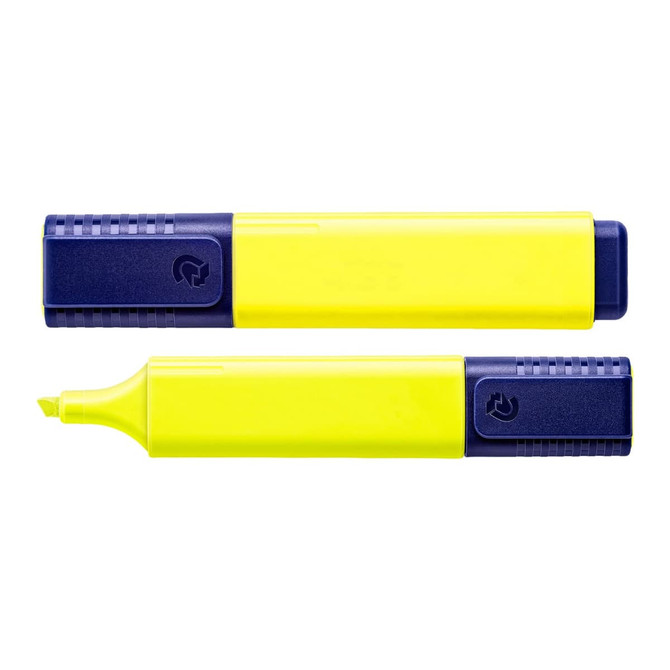 A highlighter featuring a yellow body with a blue cap and tip. It has a logo on the casing.