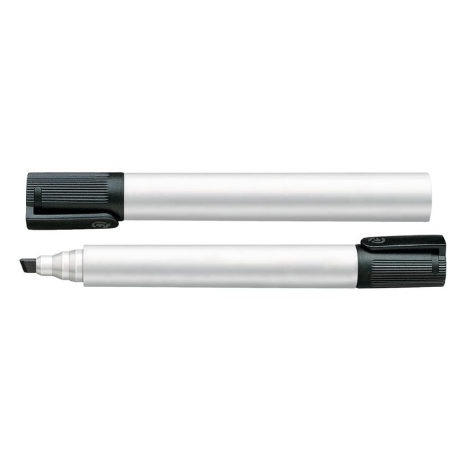 A whiteboard marker with a chisel tip, featuring a black cap and a sleek silver barrel. It has a brand logo.