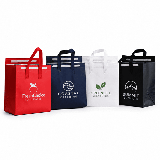 Five insulated reusable bags in red, navy, white, and black, each with handles and different logos.