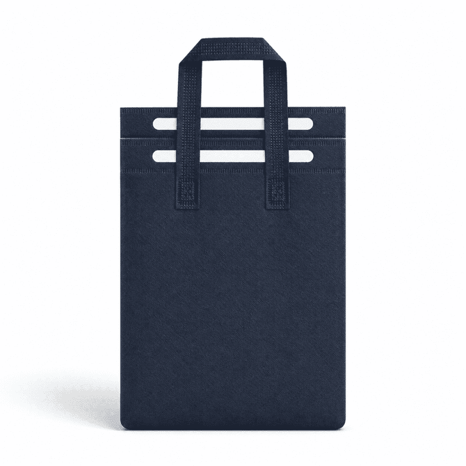 A navy blue insulated reusable bag with two handles and a simple design. It features a logo on the front.