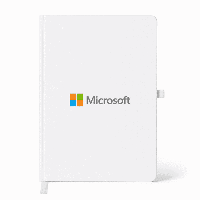 A white A5 smart notebook with a logo on the front cover, featuring a clean design and a ribbon bookmark.