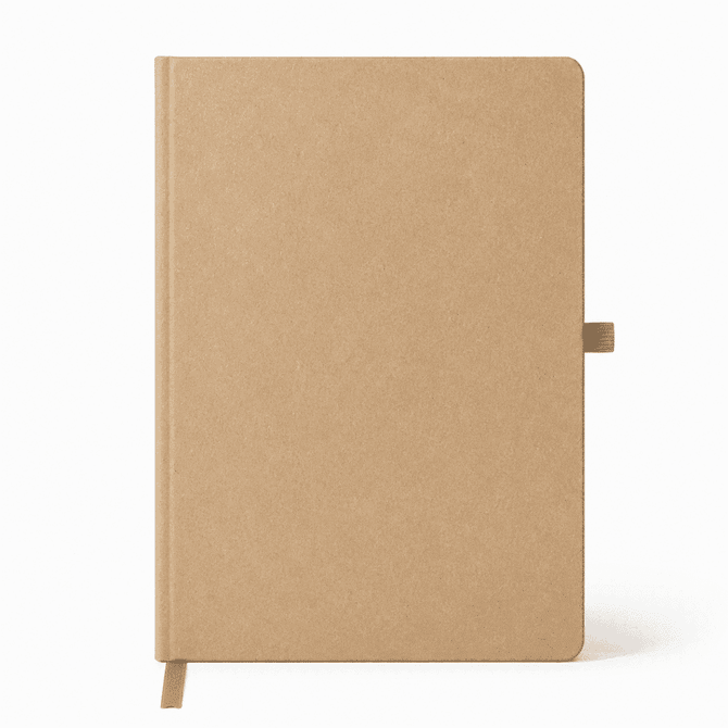 A tan A5 smart notebook with a ribbon bookmark and a subtle logo on the cover.