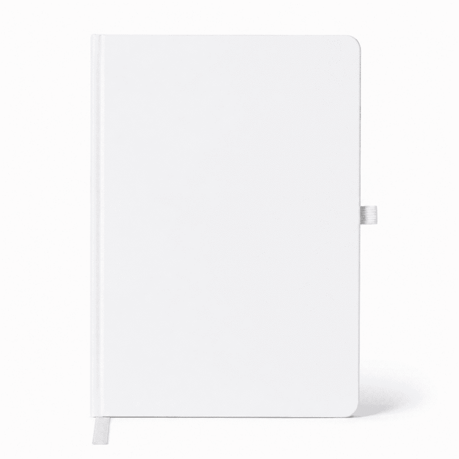 A white A5 smart notebook with a smooth cover and a ribbon bookmark, featuring a logo on the front.