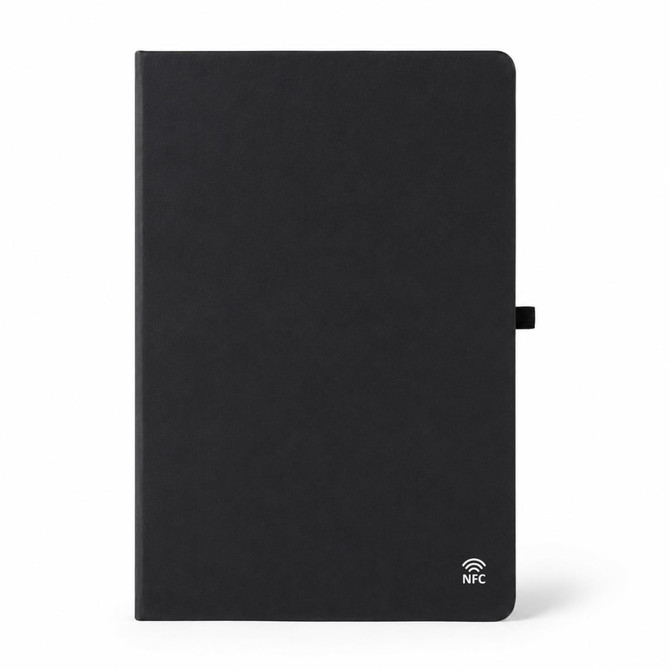 A black A5 smart notebook featuring an NFC logo, with a sleek cover and a tag closure.