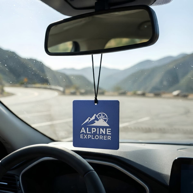 A blue car air freshener hanging from a rearview mirror, featuring a logo and set against a mountain backdrop.