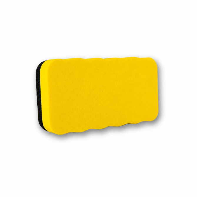A yellow magnetic foam whiteboard eraser with a textured surface and black backing. Features a logo.