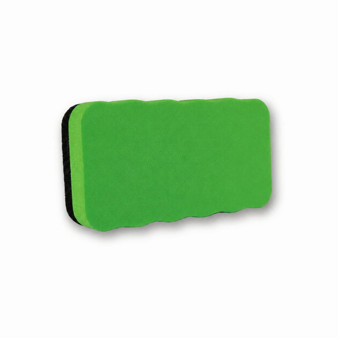 A magnetic foam whiteboard eraser in bright green with a black underside. It has a contoured design.