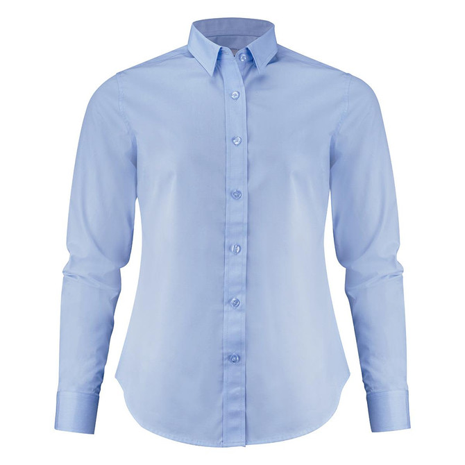 A light blue women's shirt with long sleeves and a button-up front. The shirt features a collar and has a brand logo.