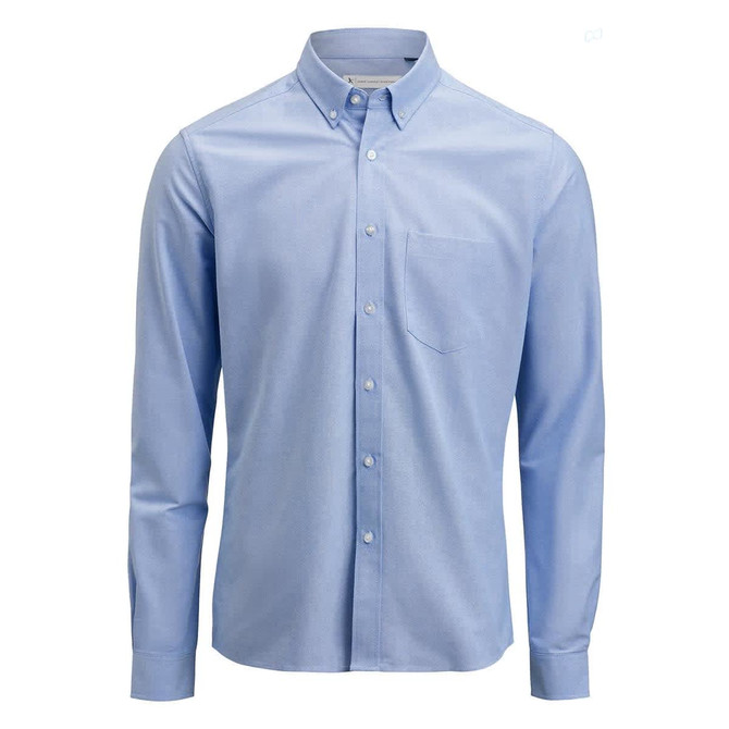 A light blue men's Oxford shirt with a button-down collar and a chest pocket, featuring a logo.
