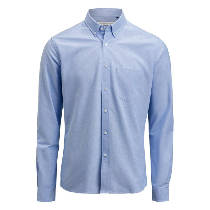 A light blue men's Oxford shirt with long sleeves and a chest pocket, featuring a button-down collar and a subtle logo.