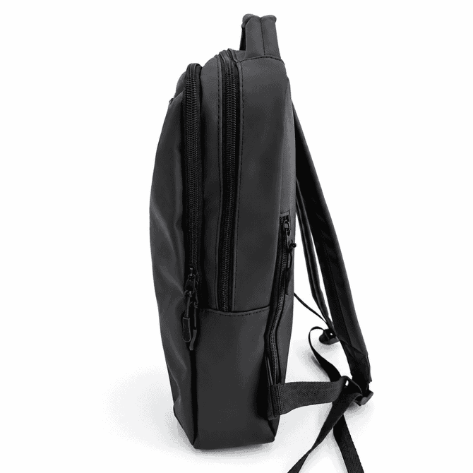 A black soft PU backpack featuring a slim profile and multiple zippered compartments. It includes adjustable straps and a logo.