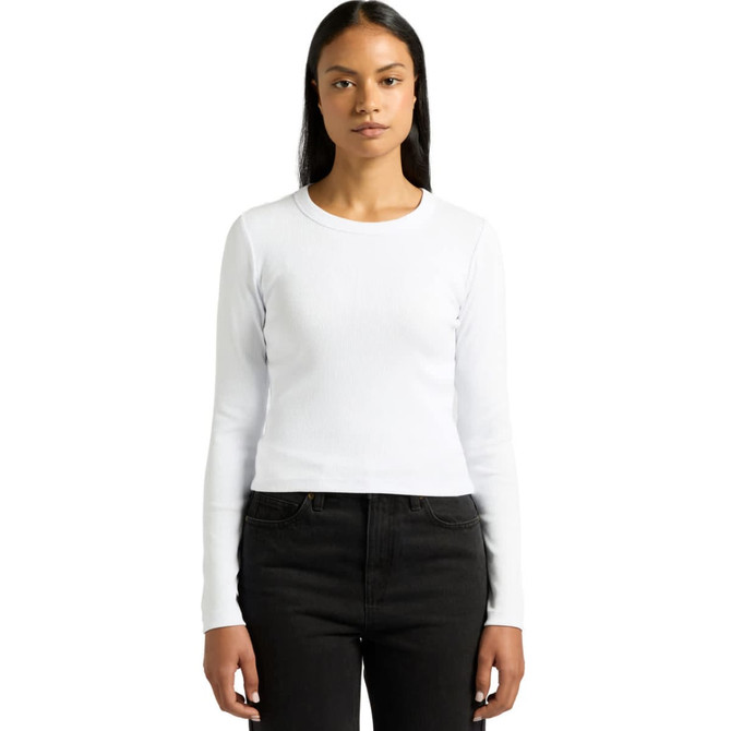 A white long-sleeved t-shirt displayed on a model, featuring a fitted design and a round neckline.