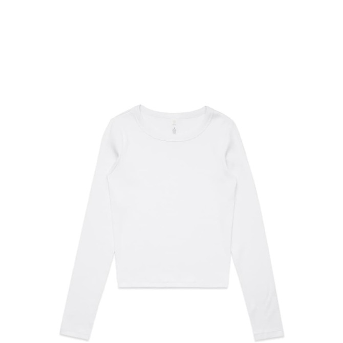 A white long-sleeve organic ribbed T-shirt with a round neckline, featuring a logo on the label.