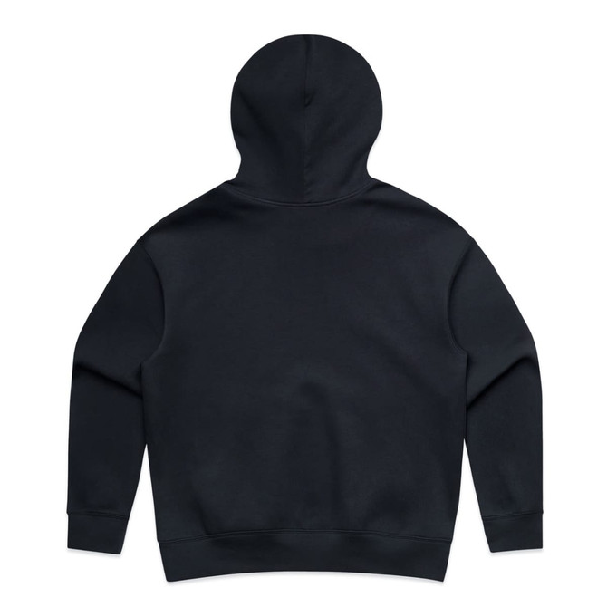 A dark navy hoodie with a spacious hood and no visible design elements on the back. It features a logo.