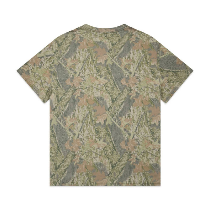 A heavy faded camo tee in shades of green and earthy tones with a camouflage pattern. It features a logo.