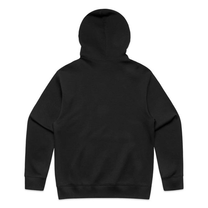 A black hooded sweatshirt with a plain back, featuring a hood and long sleeves, and includes a logo.