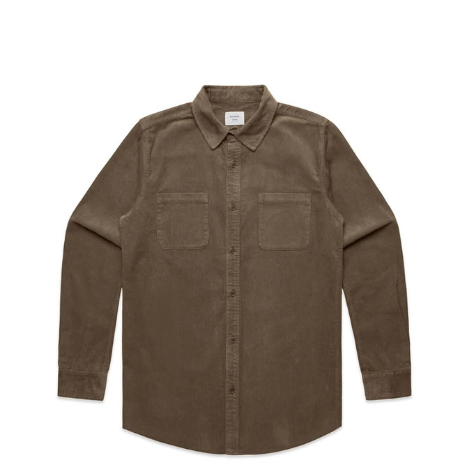 A brown cord shirt featuring long sleeves and two chest pockets, displayed flat against a white background.