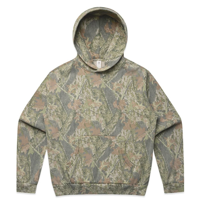 A hoodie in faded camo pattern featuring shades of green and brown, with a front pocket and hood.