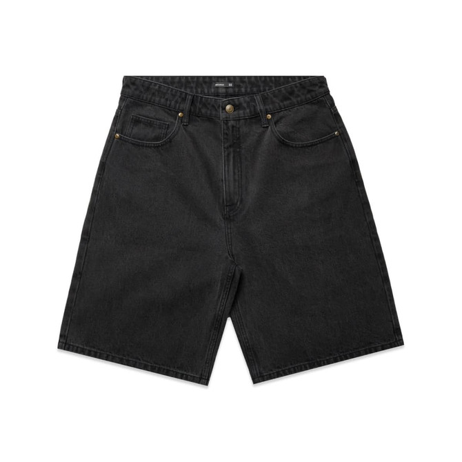 A pair of black denim shorts featuring a button fly, front pockets, and stitched detailing. Includes branding.