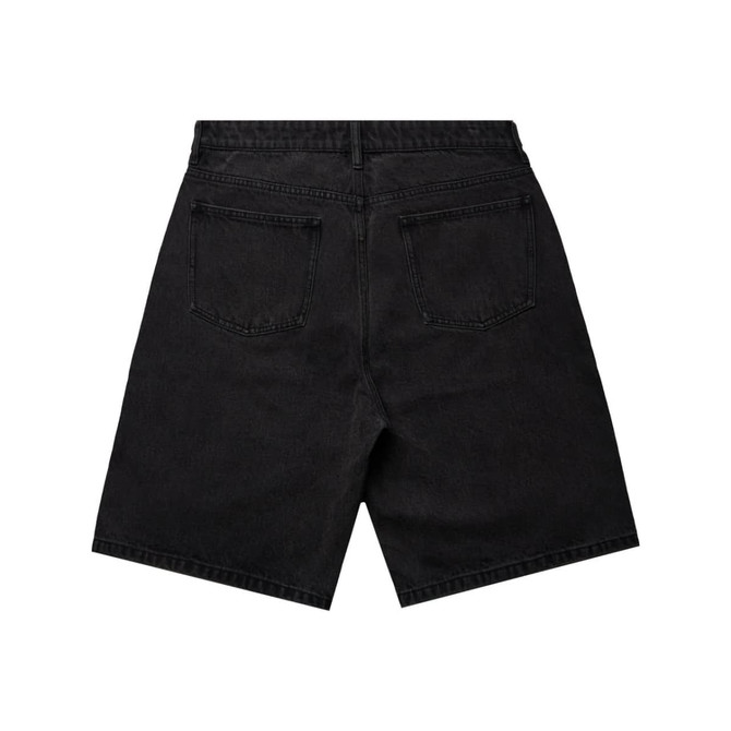 A pair of black denim shorts with a five-pocket design, featuring a plain back view.