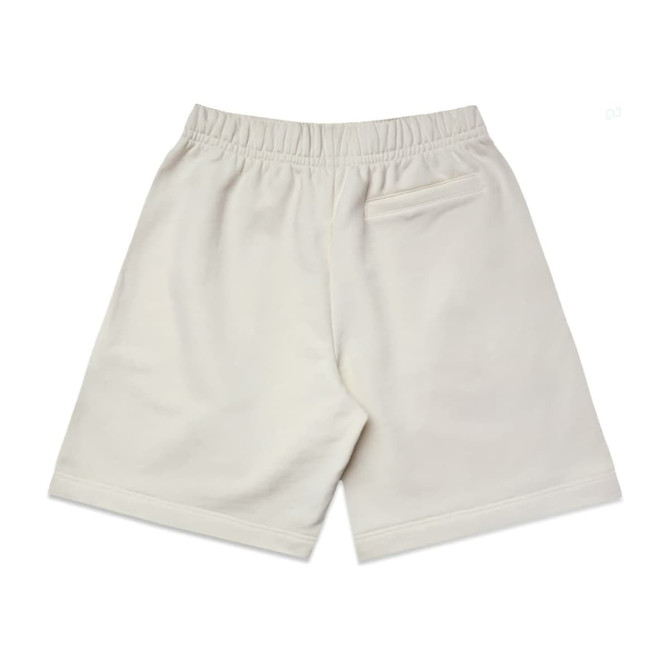 Light beige shorts with an elastic waistband and a small back pocket. Features a logo on the fabric.
